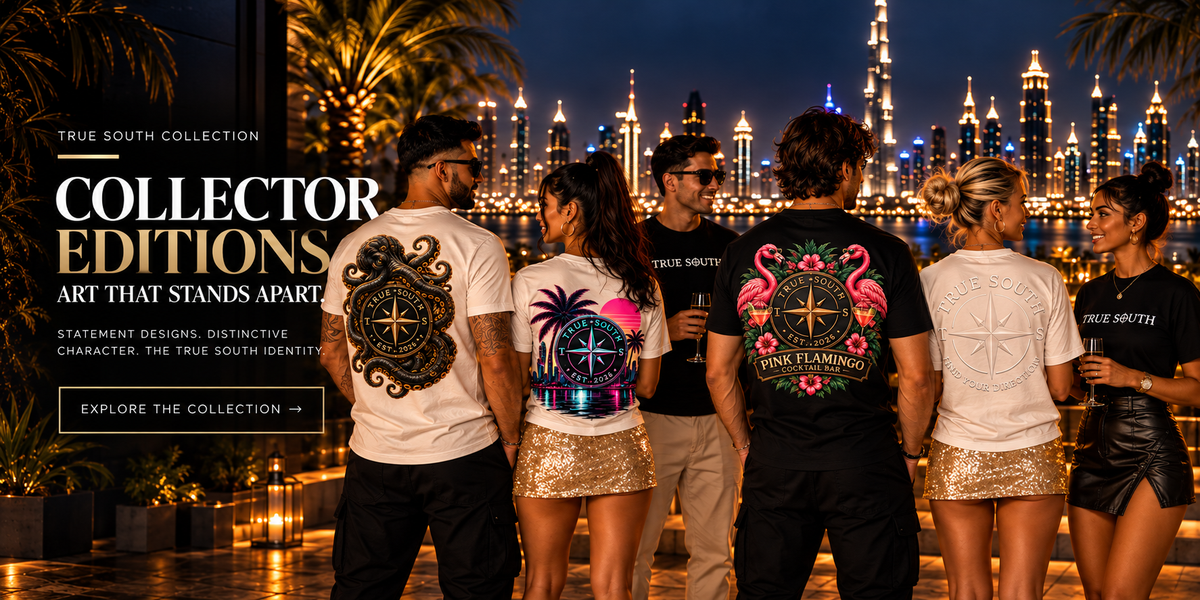 TRUE SOUTH Collector Editions rooftop campaign hero banner with left-aligned collection text and models on the right