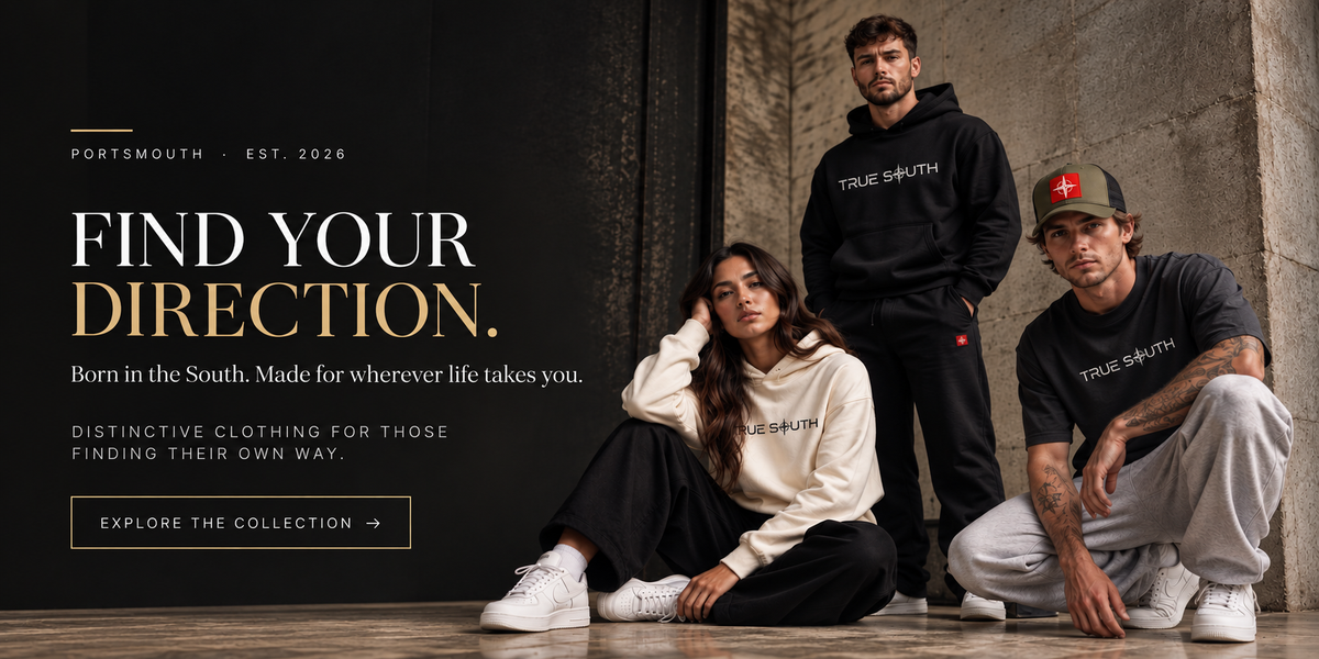 TRUE SOUTH desktop homepage hero banner with brand story on the left and three models on the right