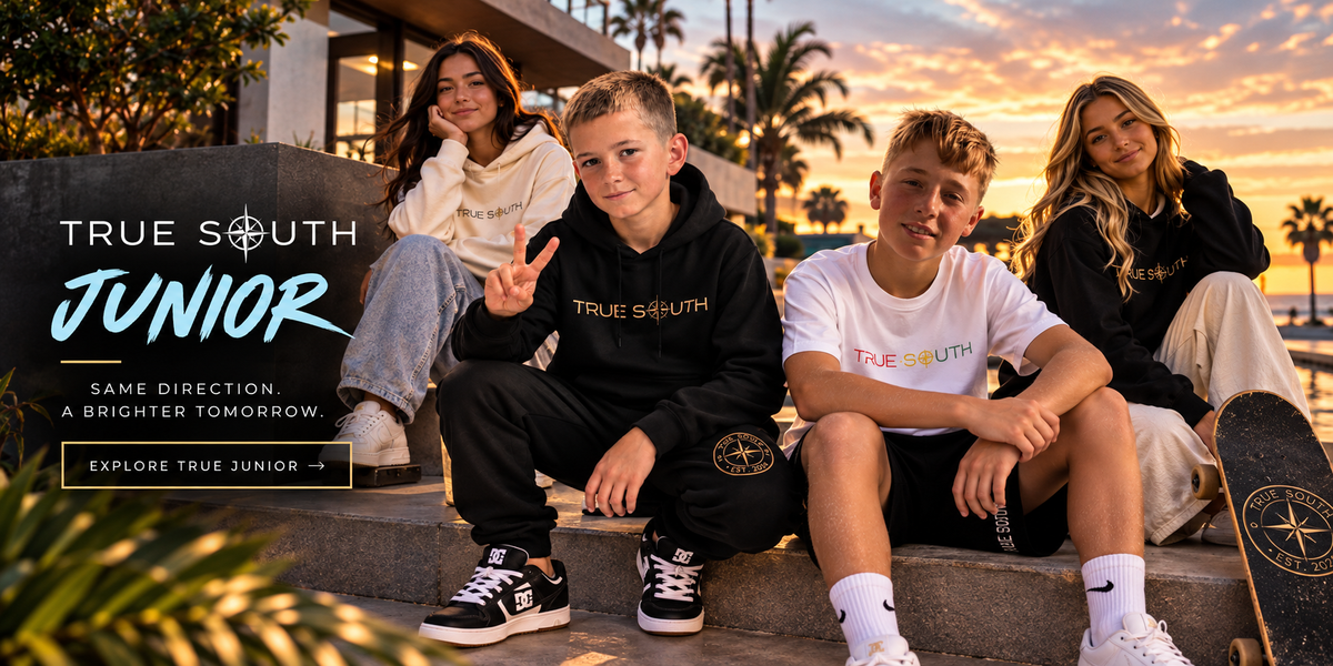 TRUE SOUTH Junior campaign banner featuring young models in TRUE SOUTH clothing at sunset